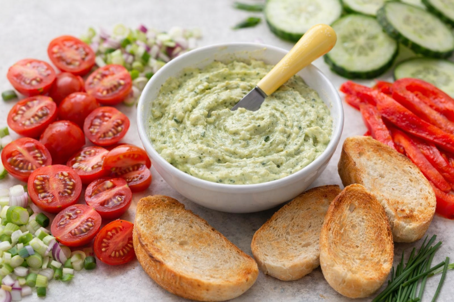 Zucchini spread with garlic and olive oil served in a bowl, surrounded by fresh vegetables and toasted bread rolls.