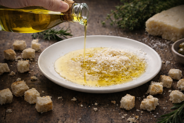 Olivový olej s čerstvo nastrúhaným parmezánom ako jednoduché pohostenie k bielemu vínu