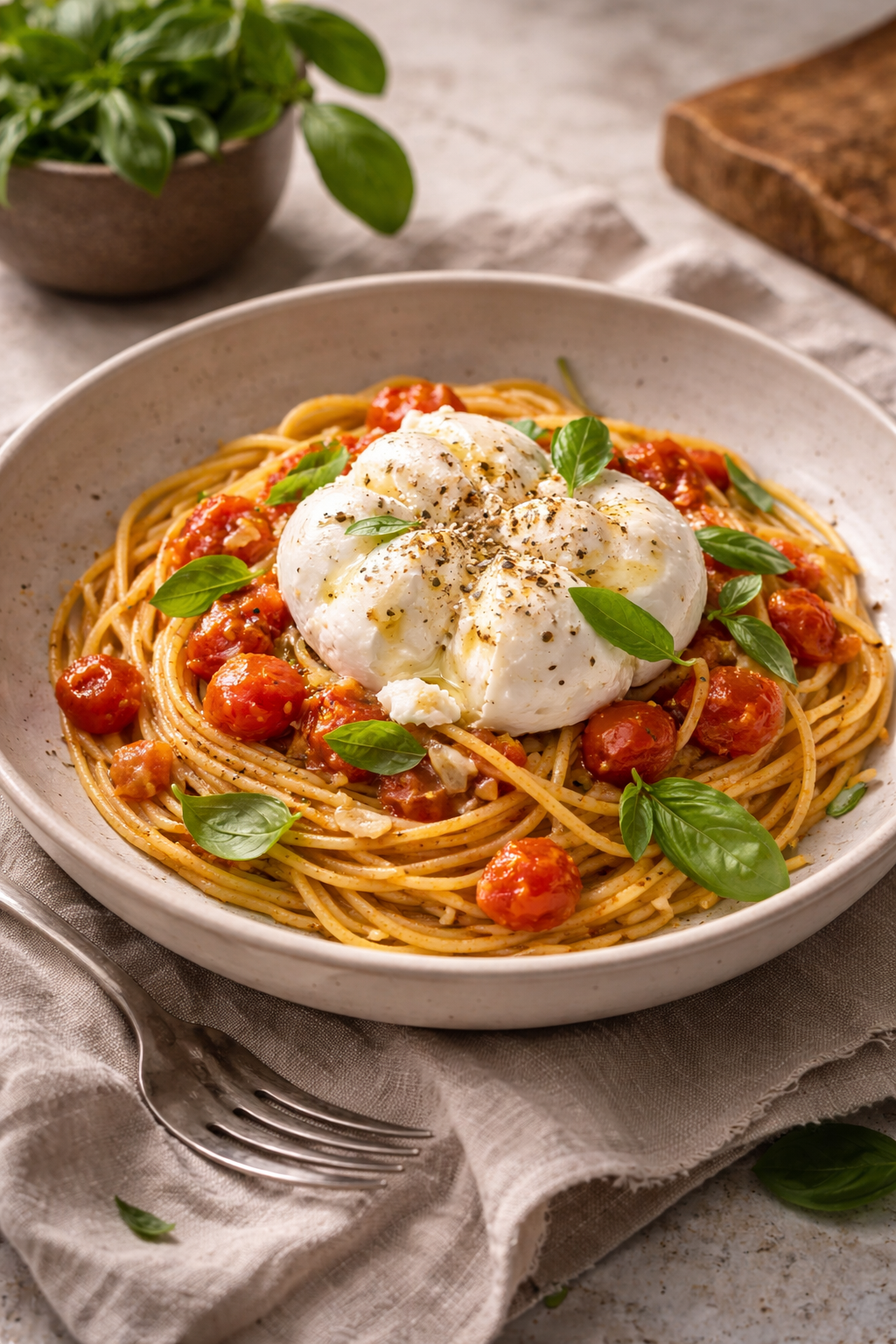 Keď stačia cestoviny, rajčiny a čas Jednoduchý tanier talianskej rovnováhy Burrata ako bodka, nie výkričník