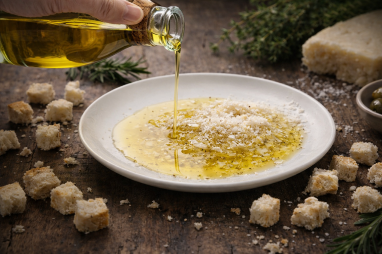 Olive oil with freshly grated Parmesan served as a simple appetizer with white wine