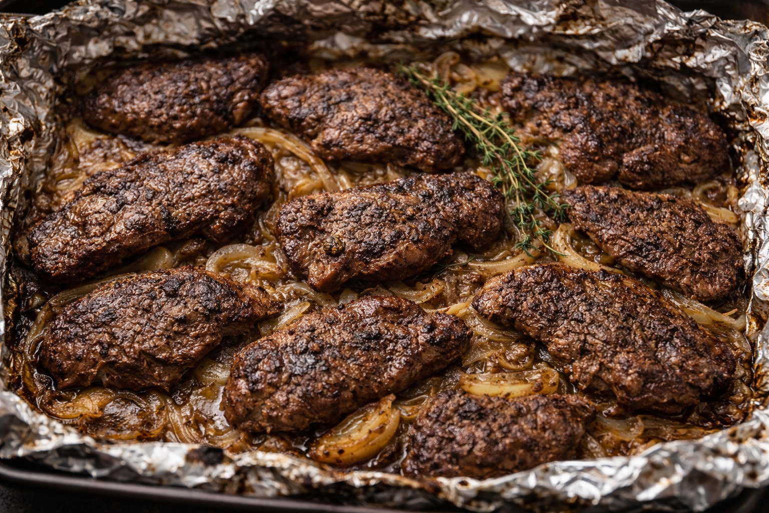 Poľovnícke rezne z diviny pečené s cibuľou, horčicou a maslom v alobaleonions, mustard and butter in foil