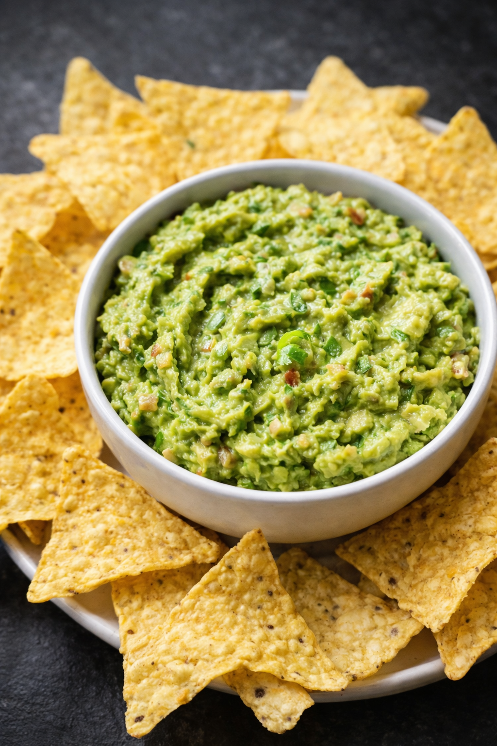 Avokádová nátierka v bielej miske obklopená kukuričnými nachos
