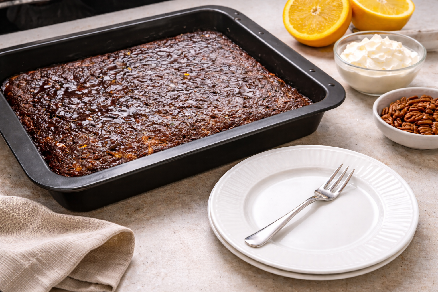 Cape brandy pudding v plechu so sirupovým povrchom, biely dezertný tanier s vidličkou pripravený na servírovanie
