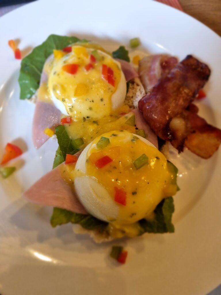 Eggs Benedict served at safari lodge breakfast in South Africa