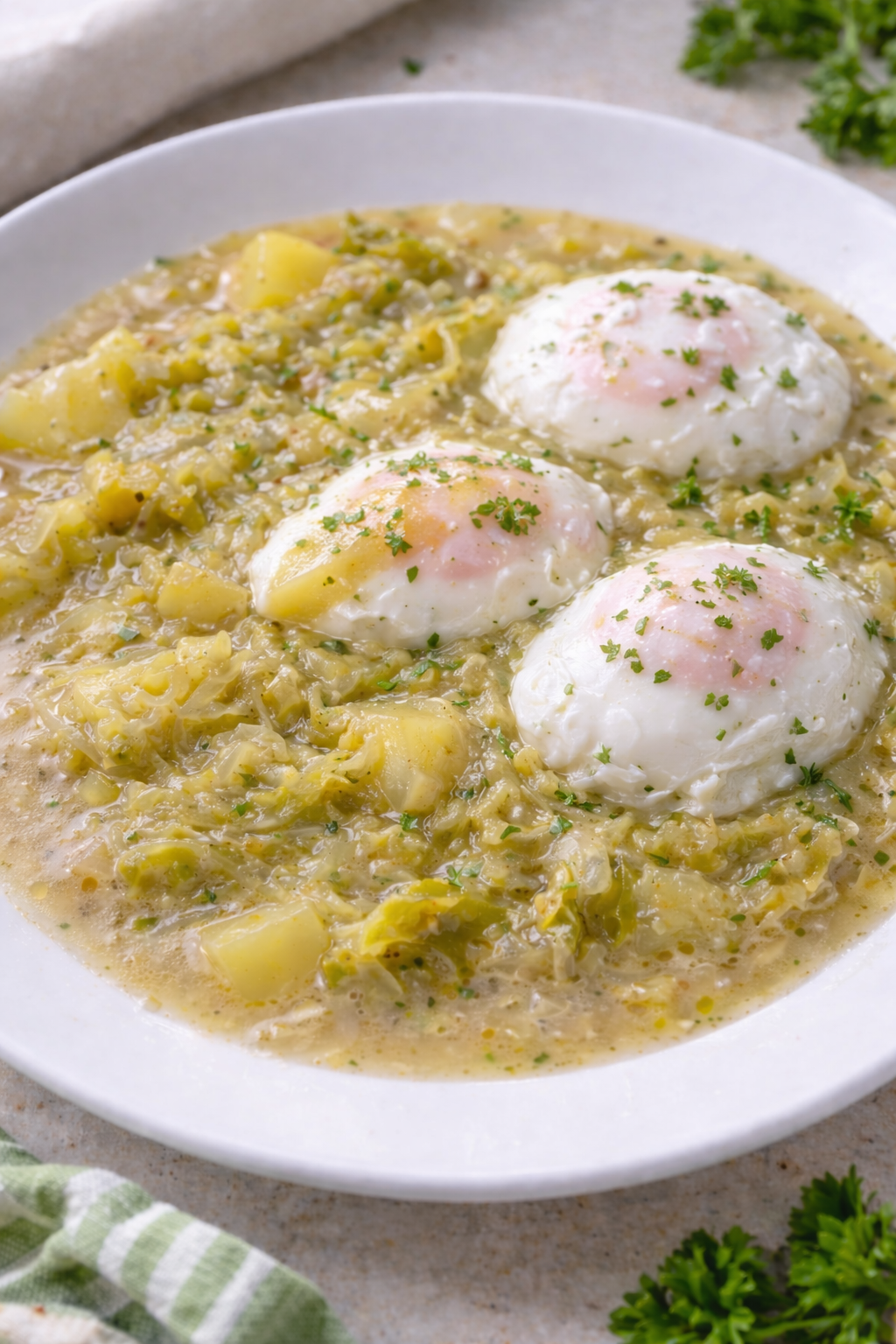 Creamy flour-free cabbage stew with three poached eggs gently nestled into the sauce, served on a white plate and finished with fresh parsley.