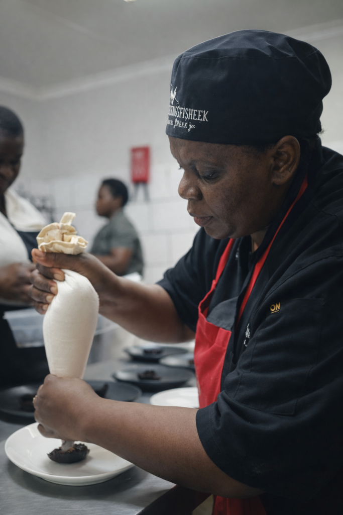 Nikiwe preparing dessert at Kingfisher Creek Safari Lodge kitchen