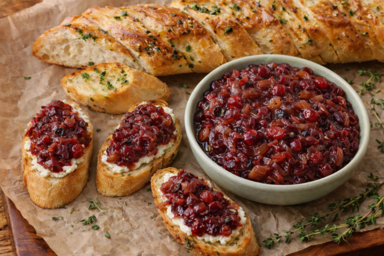 Brusnicovo-šalotkové crostini so syrovým krémom na opečenom chlebe, vinárenská chuťovka