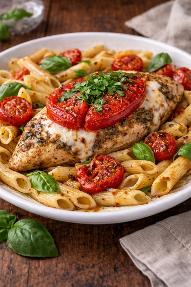 Kuracie Caprese s bazalkovým pestom, mozzarellou a pečenými cherry rajčinami na cestovinách