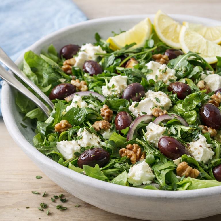 Creamy goat cheese salad with mixed greens, Kalamata olives, walnuts, red onion, lemon wedges, and thyme served in a white bowl on a wooden table.