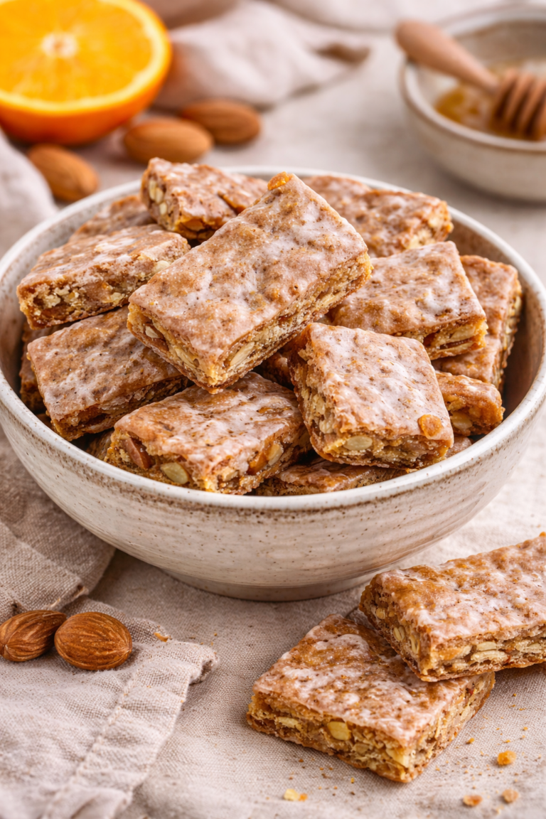 Basler Läckerli Swiss honey spice cookies served in a small ceramic bowl with almonds and candied orange peel