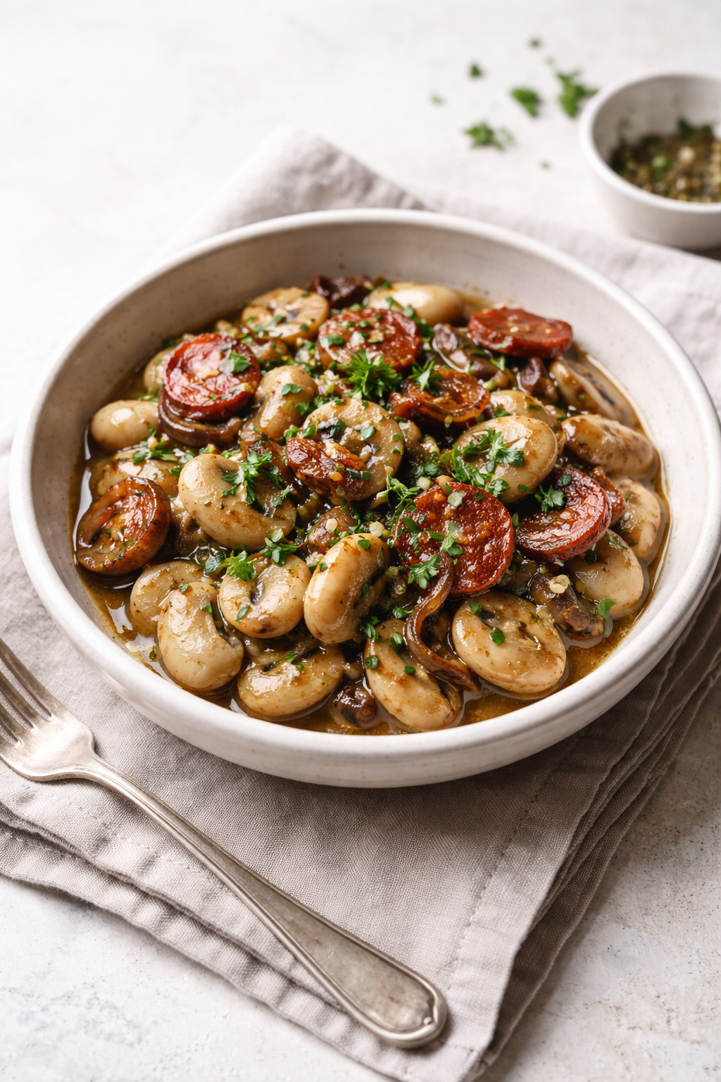 Broad beans with mushrooms in a wine and umami marinade. A simple tapas recipe inspired by a tasting at the Vincech wine club in Trnava, perfect for wine pairing.