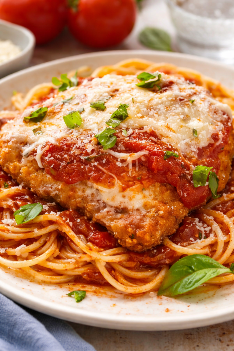 Chicken parmigiana so špagetami, paradajkovou omáčkou, roztopenou mozzarellou a bazalkou na rustikálnom tanieri