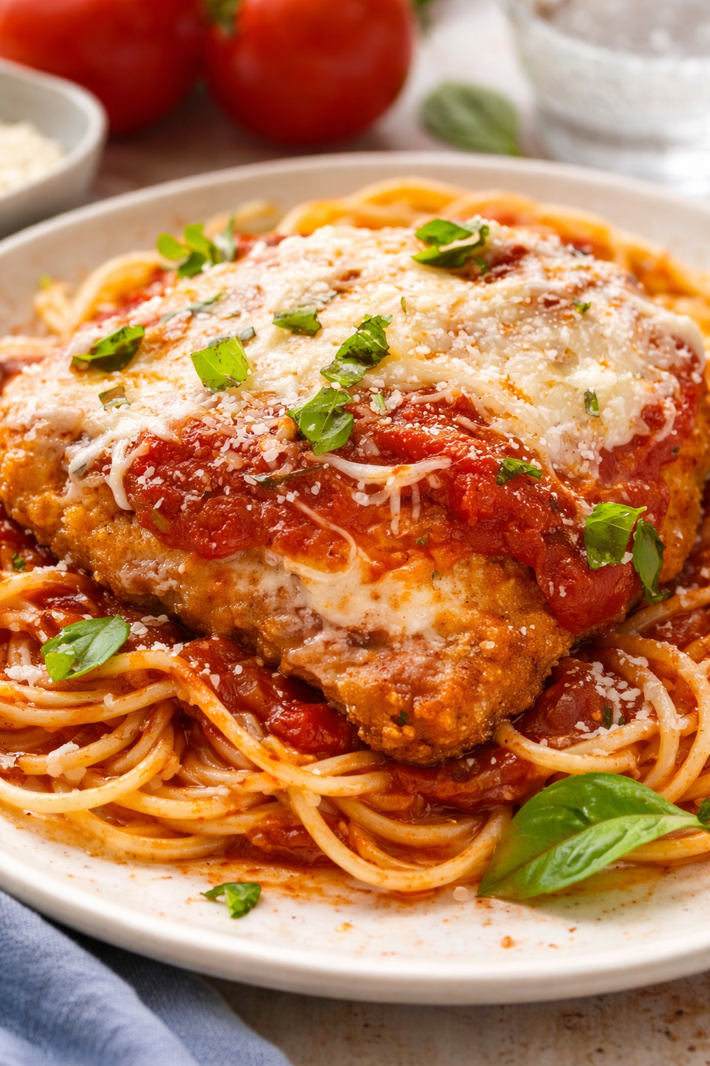 Chicken parmigiana so špagetami, paradajkovou omáčkou, roztopenou mozzarellou a bazalkou na rustikálnom tanieri