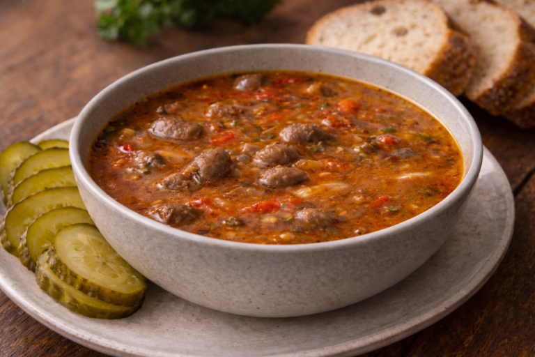 Chicken hearts goulash served in a rustic bowl with paprika sauce