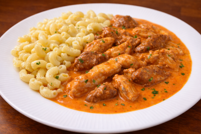 Chicken paprikash with liver in a smooth creamy paprika sauce served with elbow macaroni on a white plate