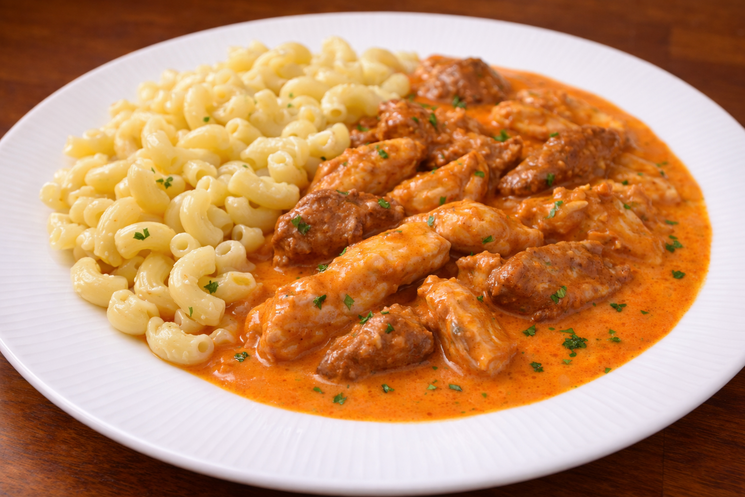 Chicken paprikash with liver in a smooth creamy paprika sauce served with elbow macaroni on a white plate
