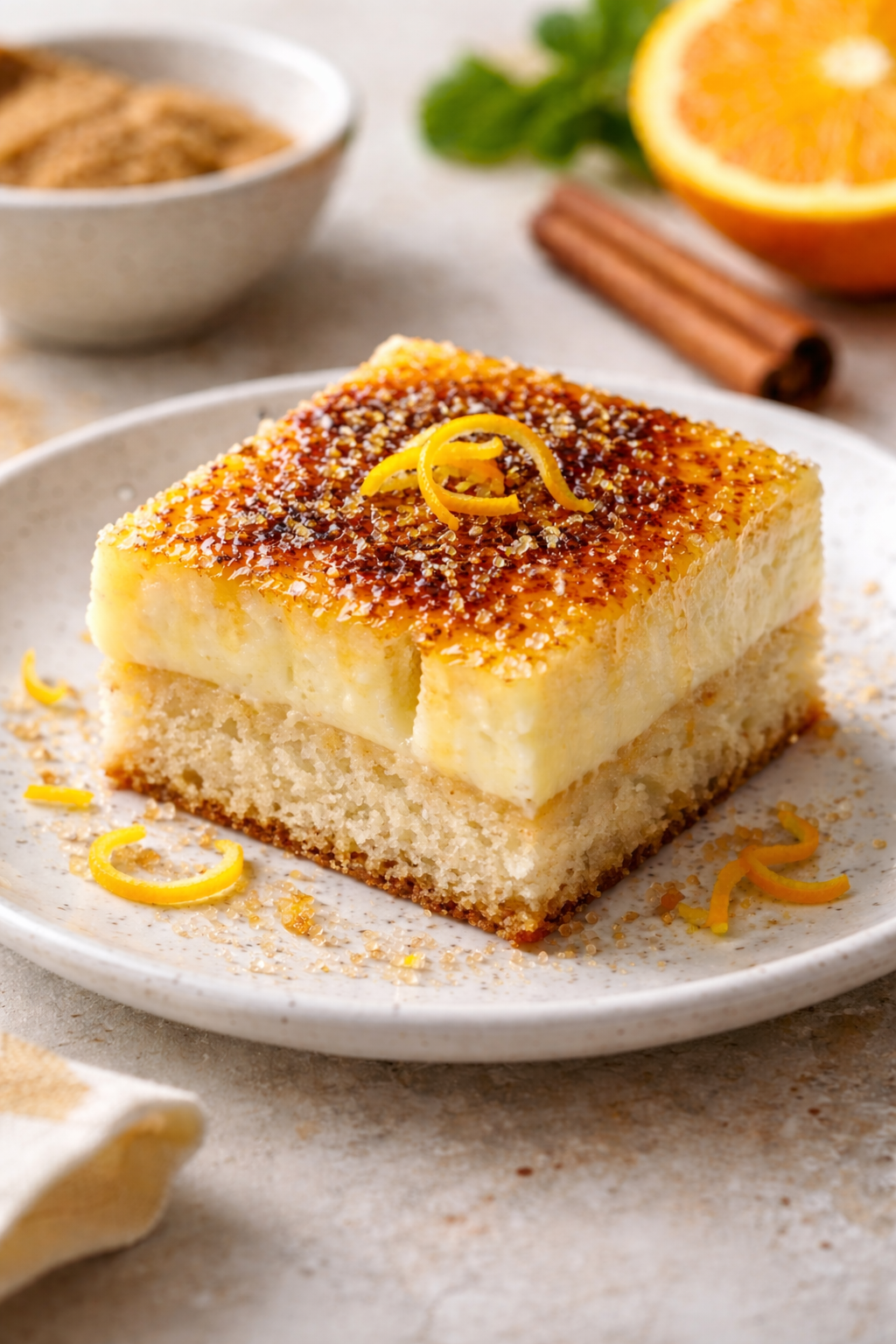 Crema Catalana sponge cake with cinnamon milk soaked sponge, custard layer and caramelized sugar crust