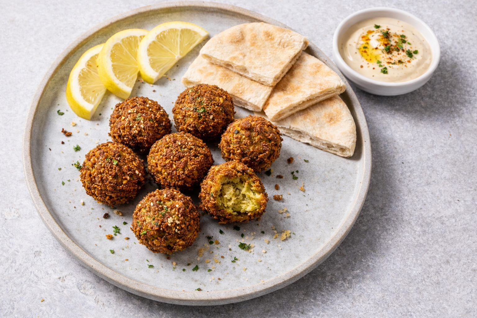 Falafel z cíceru podávaný s pita chlebom a zeleninou