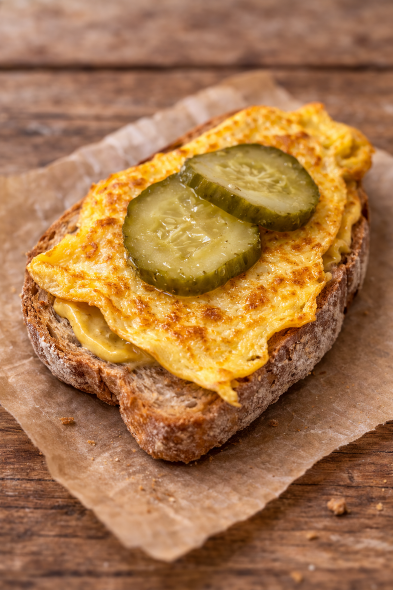 Fluffy retro omelette on rustic bread with mustard and pickles – simple Central European breakfast