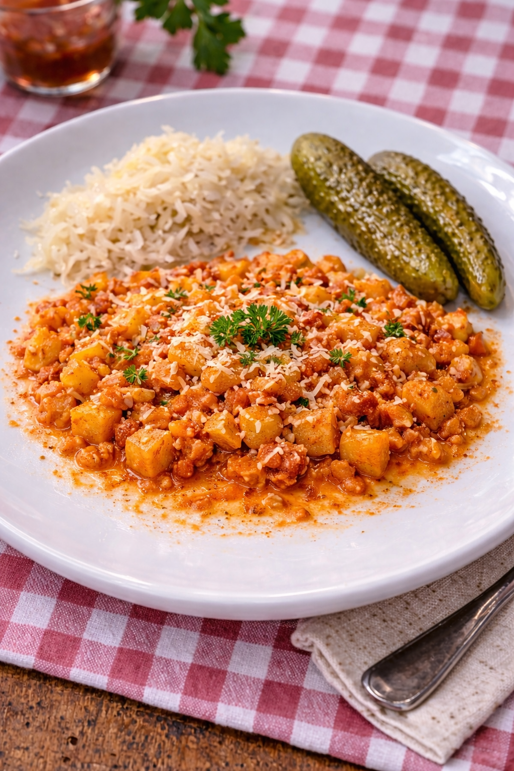 Grenadier march potato and pasta dish with paprika, sauerkraut and pickles – traditional Central European comfort food