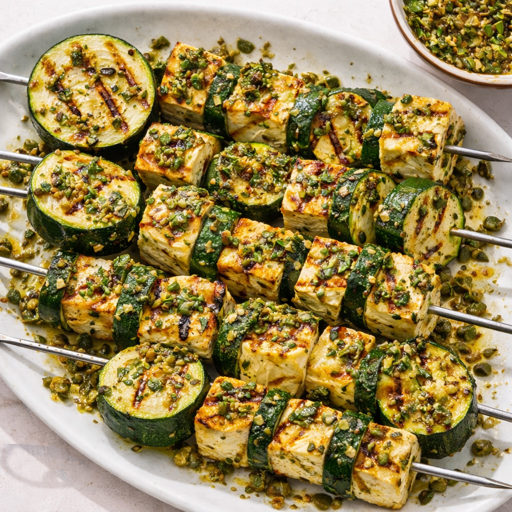 Grilled halloumi skewers with zucchini and fresh salsa verde. A Mediterranean-inspired recipe full of herbs, citrus freshness and bold flavour.