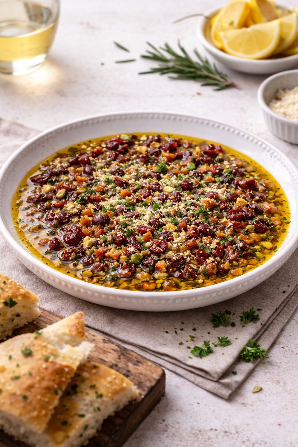 Olivový dip so sušenými rajčinami, pistáciami a ovocným kontrastom. Jednoduchý tapas recept ideálny k vínu a čerstvému chlebu.