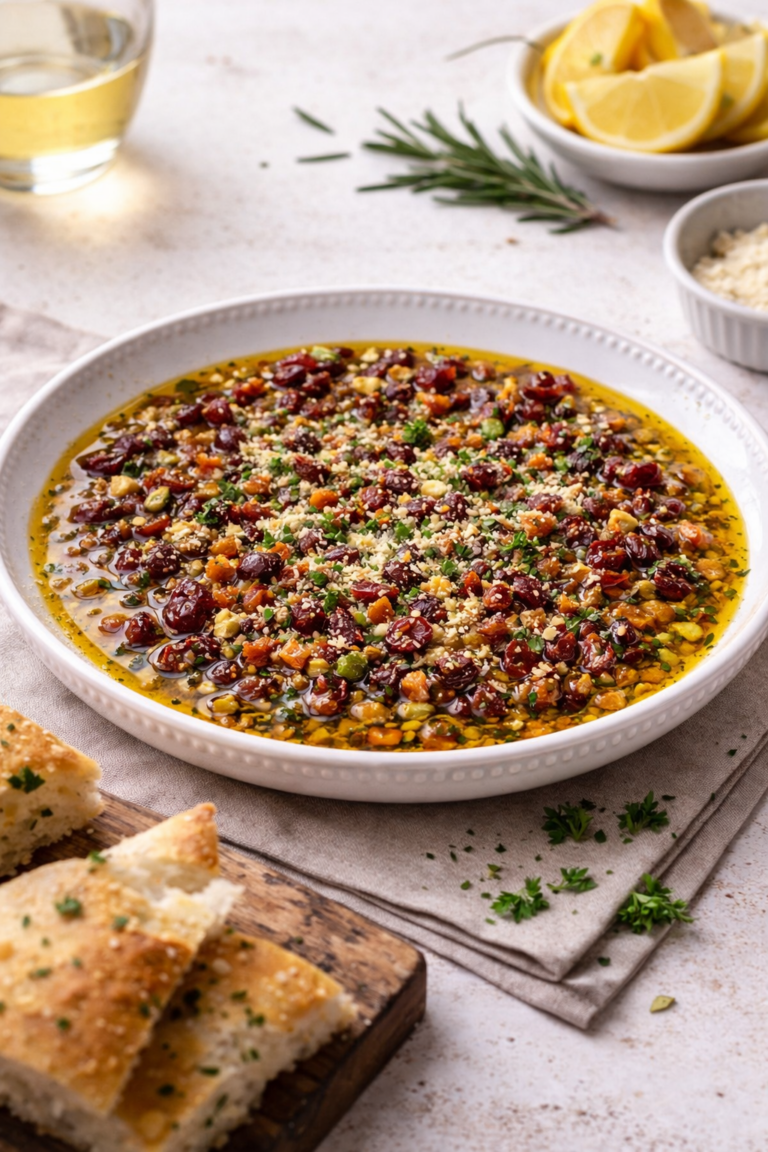 Olive oil dip with sun-dried tomatoes, pistachios and a fruit contrast. A simple tapas recipe perfect for wine pairing and fresh bread.