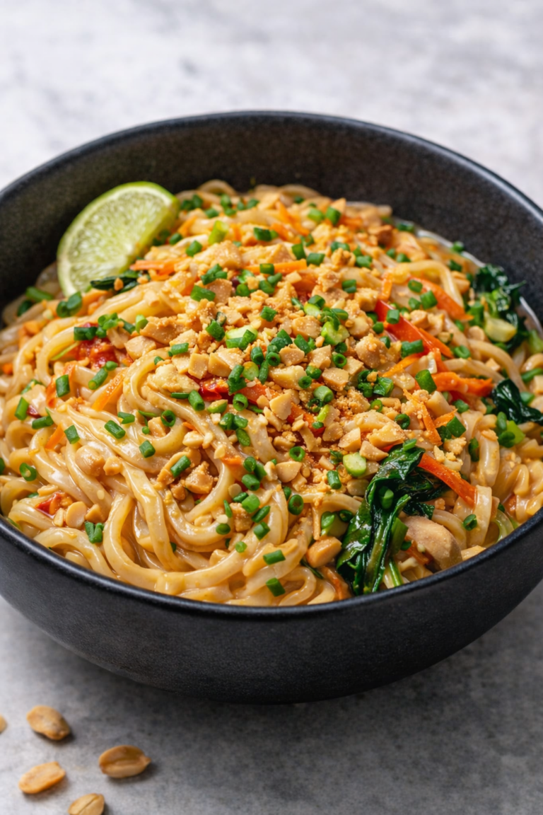 butter noodles with peanut sauce and vegetables on black plate