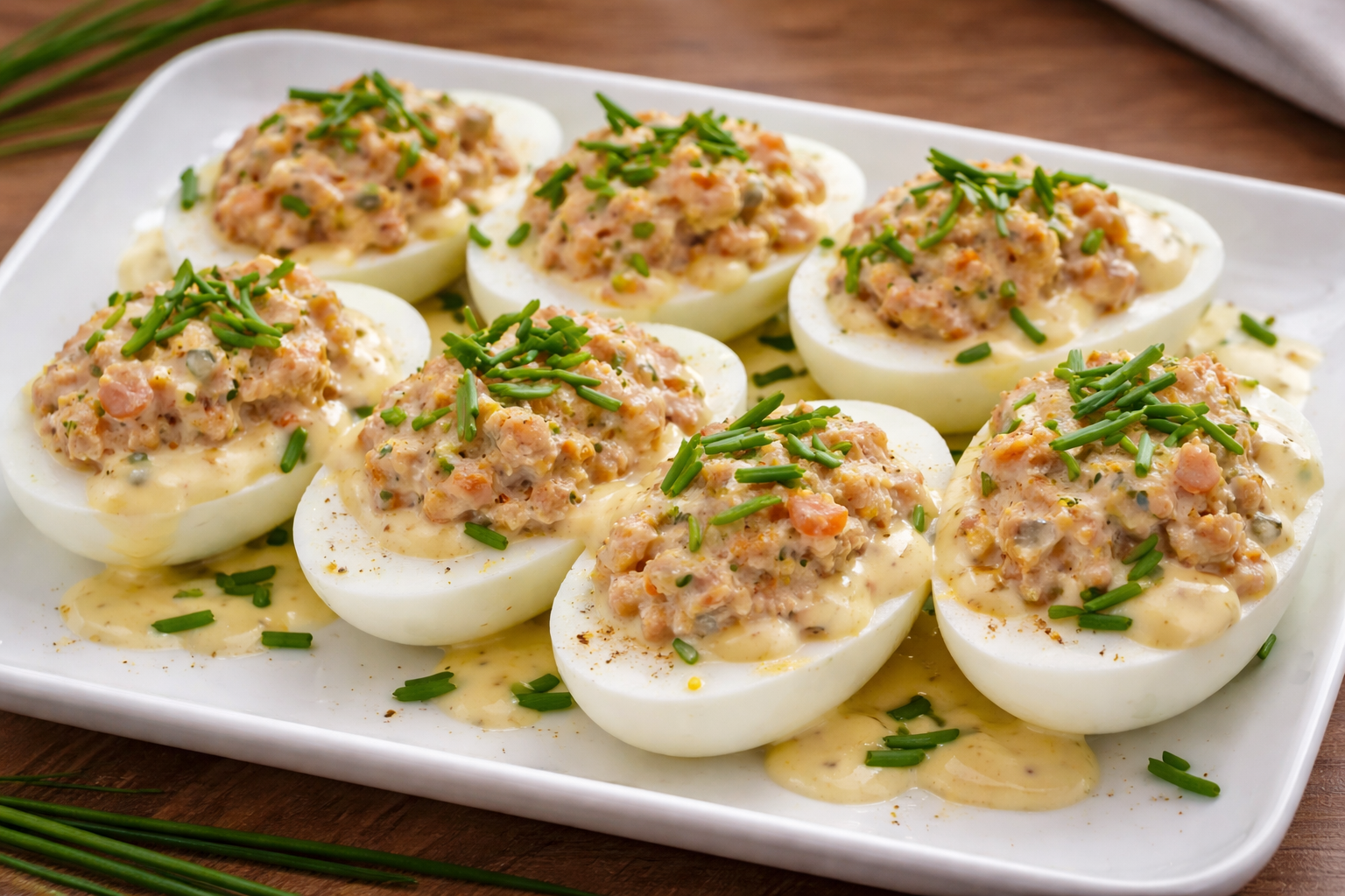 Jednoduchý recept na plnené vajcia s tuniakom, smotanou a bylinkami. Krémová, elegantná verzia ideálna na sviatky, brunch alebo ako predjedlo.