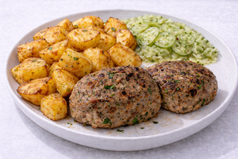 Meta description: Juicy turkey bifteki stuffed with feta served with crispy lemon potatoes. A Greek-inspired recipe full of freshness and balanced Mediterranean flavours.