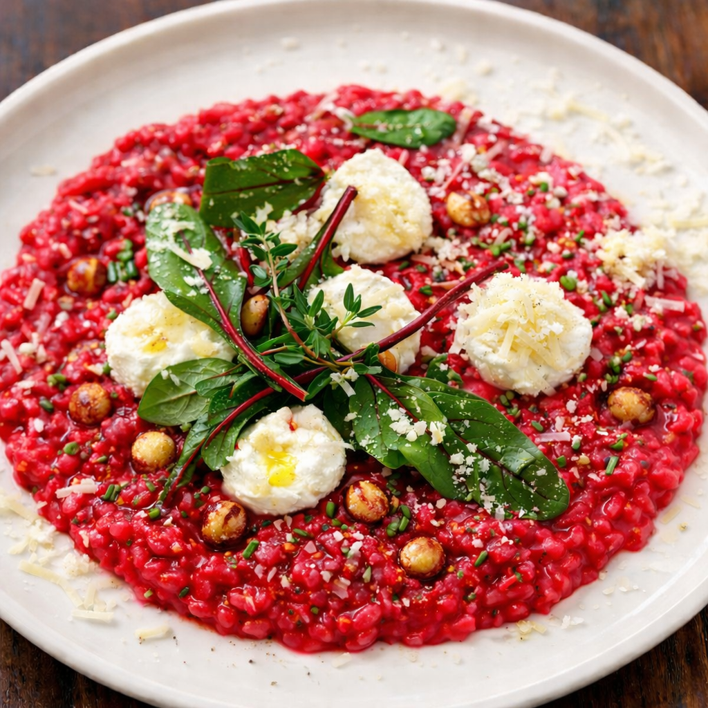 Beetroot risotto with goat cheese, toasted hazelnuts and fresh herbs served on a white plate