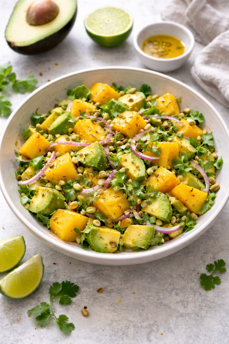 Fresh mango avocado salad with lime, herbs, and olive oil. A simple and healthy summer recipe, perfect as a side or light meal.