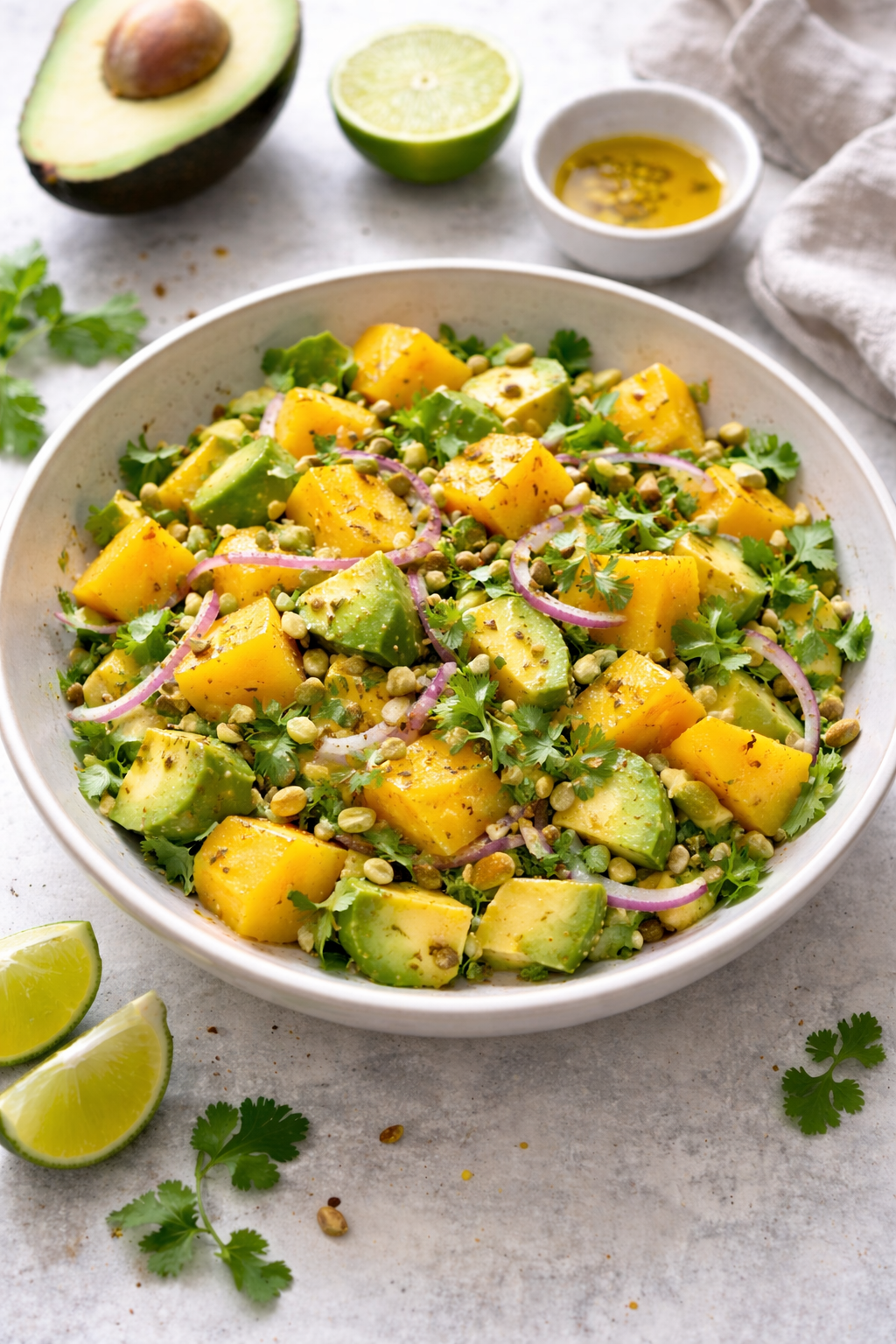 Fresh mango avocado salad with lime, herbs, and olive oil. A simple and healthy summer recipe, perfect as a side or light meal.