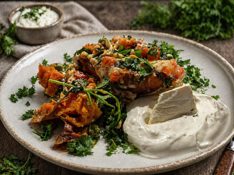 Baked sweet potato halves with cheddar, vegetables and garlic dip