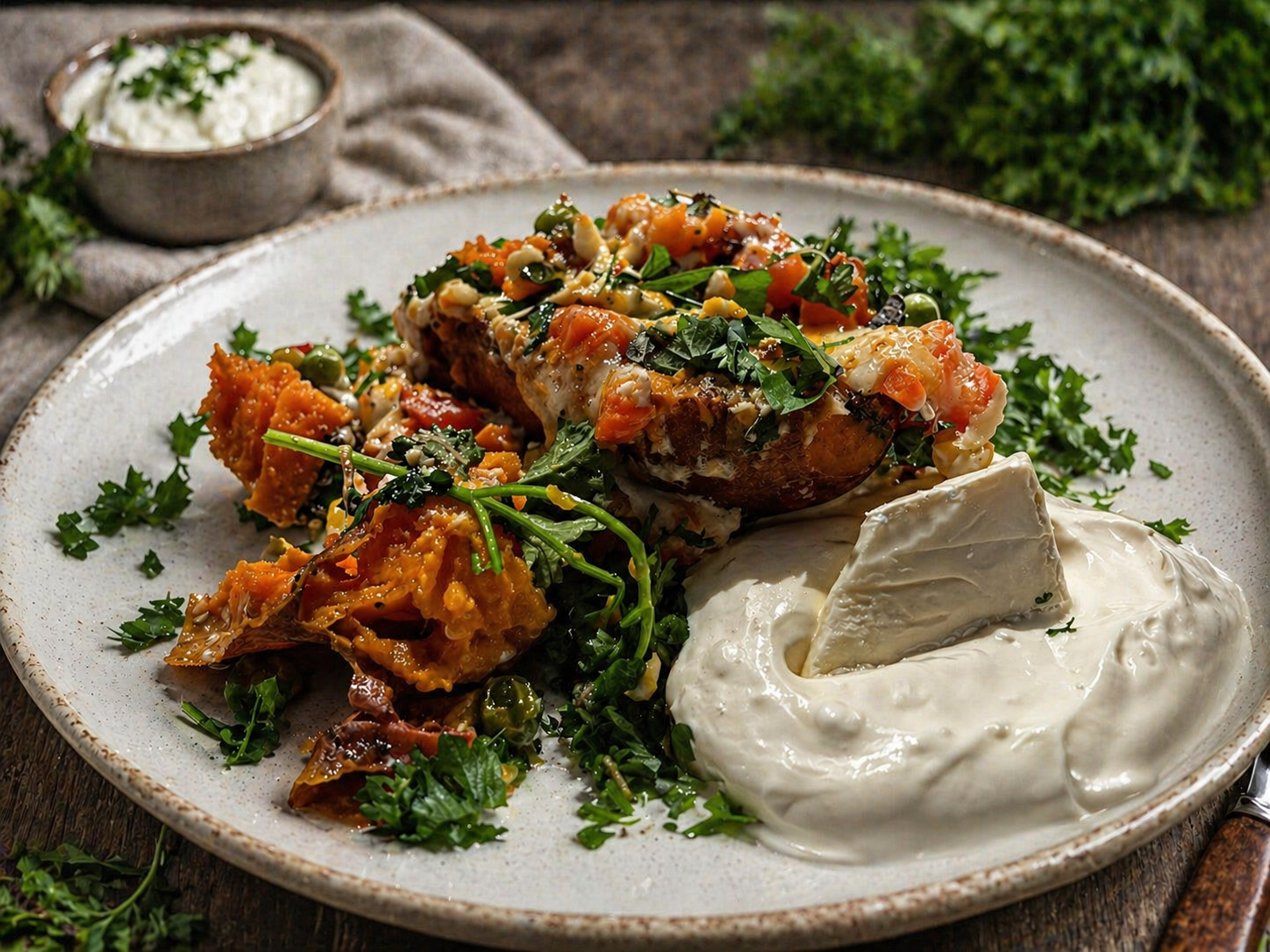 Baked sweet potato halves with cheddar, vegetables and garlic dip