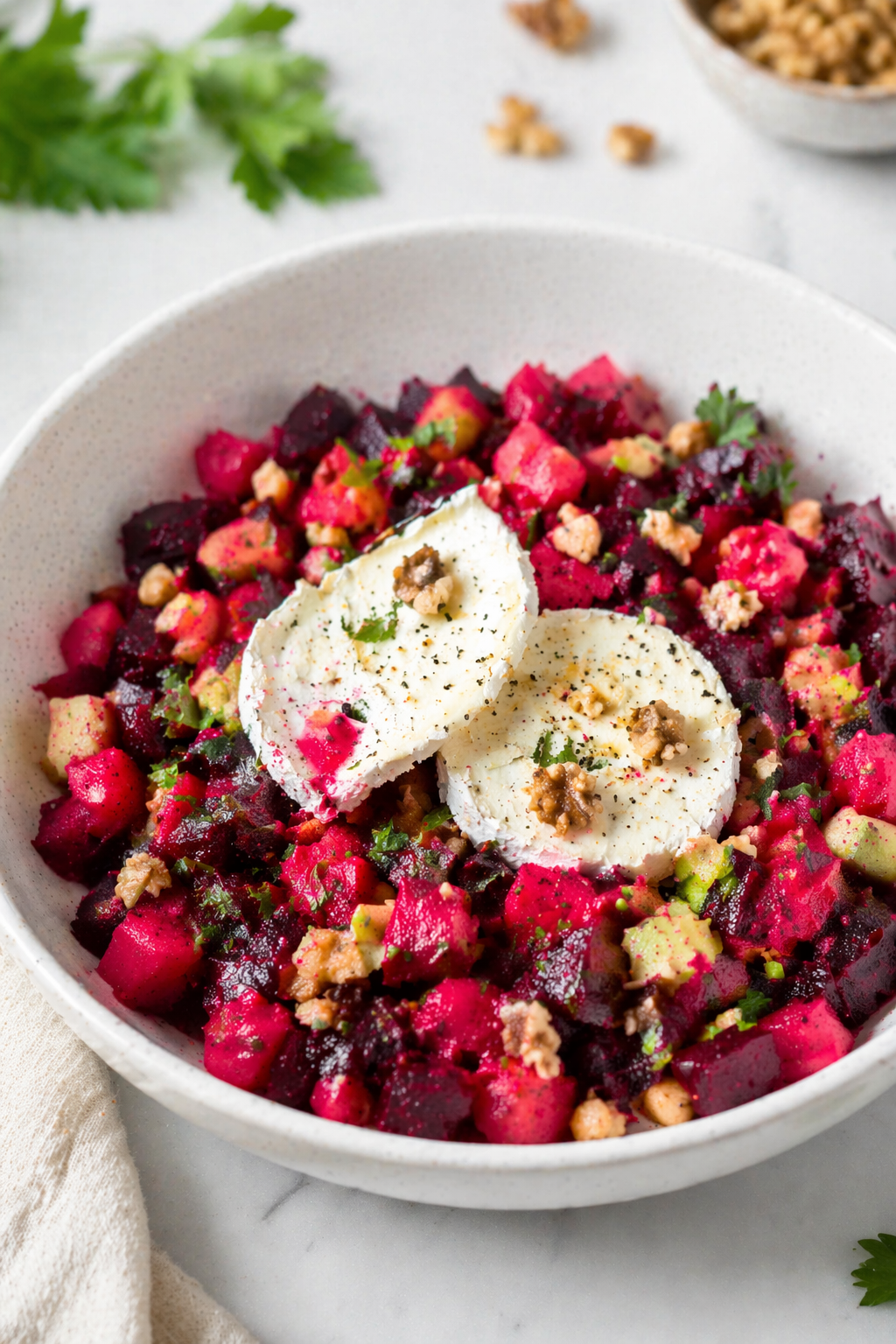 Beetroot salad with apple and chickpeas served in a white bowl with goat cheese and walnuts