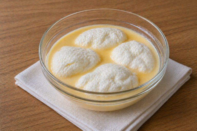 Bird’s milk dessert with vanilla custard and fluffy meringue clouds