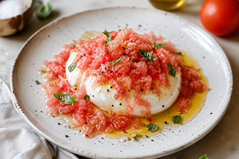 Burrata s mrazenou paradajkou a olivovým olejom na bielom tanieri