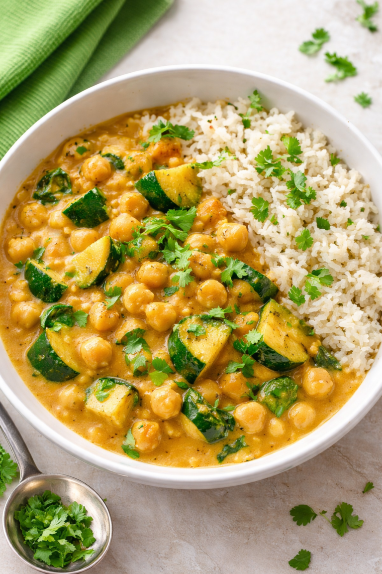 Chickpea curry with golden zucchini and jasmine rice