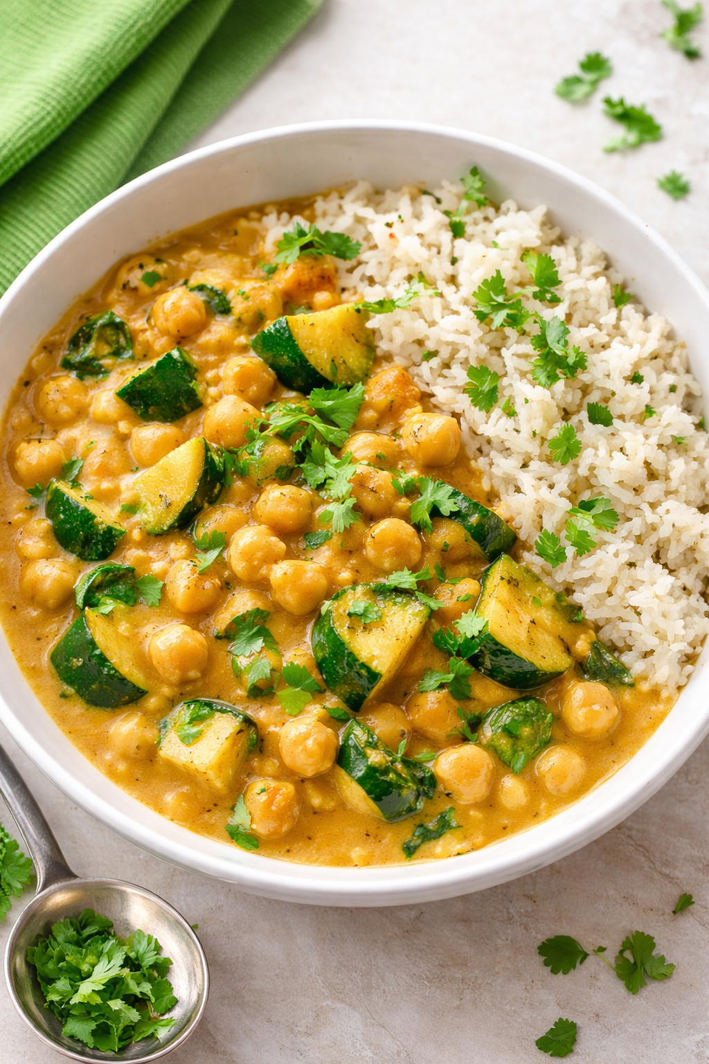 Chickpea curry with golden zucchini and jasmine rice