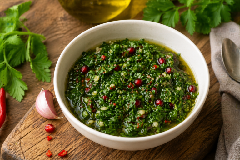 Chimichurri omáčka s petržlenom, chilli a granátovým jablkom v miske