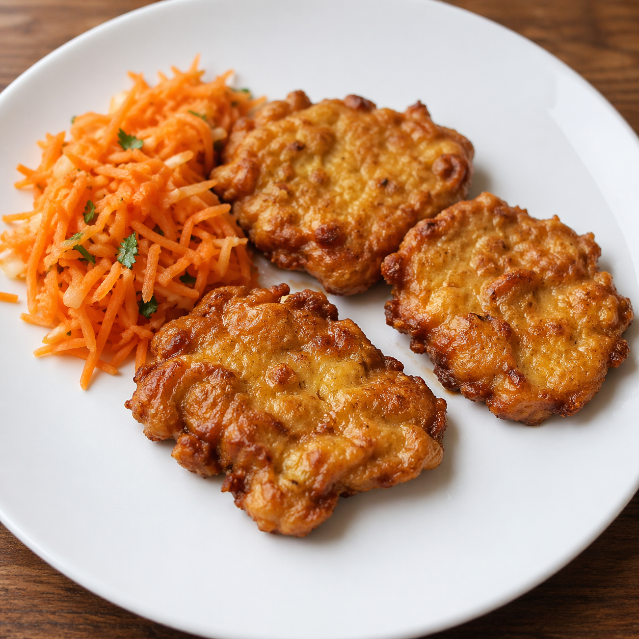 Peking-style chicken fritters with a crisp golden surface served in a retro home-style presentation