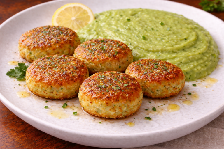 Golden fish cakes served with creamy pea purée