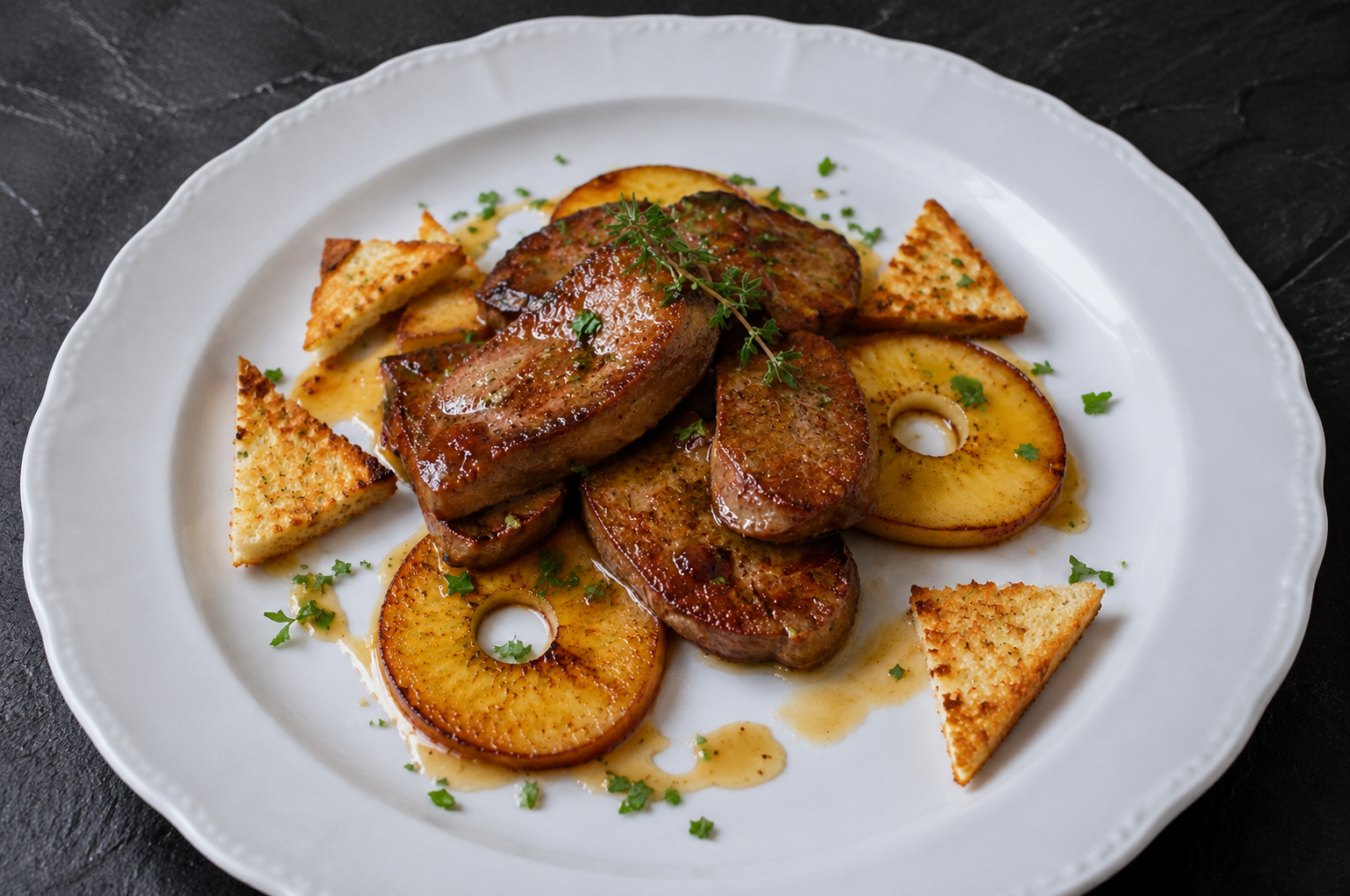 Duck liver with caramelized apples and shallots served on buttered toast
