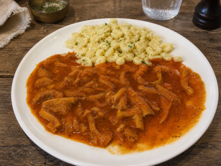 Tripe pörkölt with dumplings in rich paprika sauce