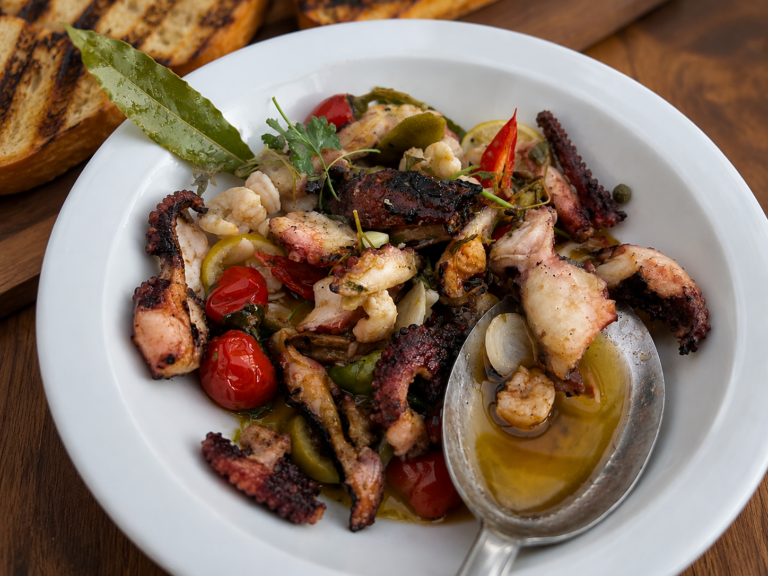 Grilovaná chobotnica s cesnakovo-citrónovým výpekom, kaparami, čiernymi olivami a grilovanými cherry paradajkami podávaná s kváskovým chlebom.