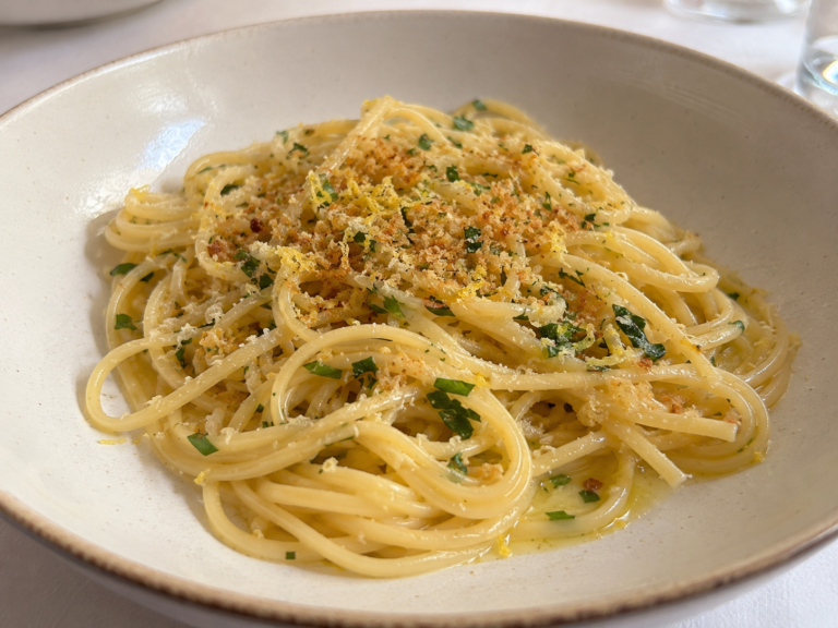 Spaghetti Aglio e Olio with lemon pangrattato, garlic, olive oil and fresh herbs