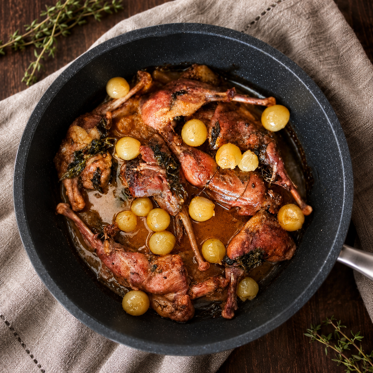 Braised pheasant legs with thyme, white grapes and white wine served in a rustic pan