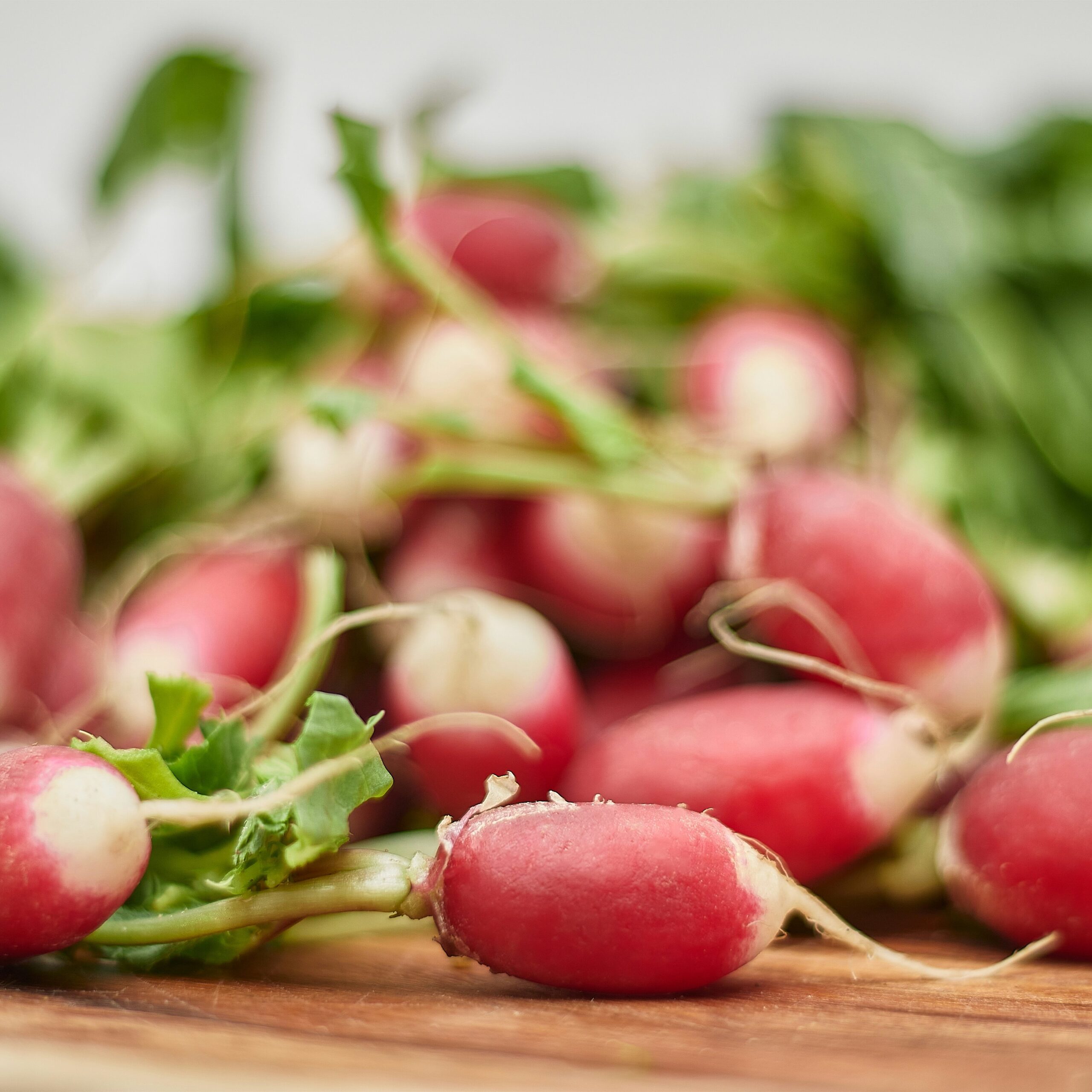 Fresh spring radishes with green leaves
