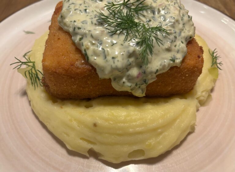 Slovak fried cheese with mashed potatoes and homemade tartar sauce